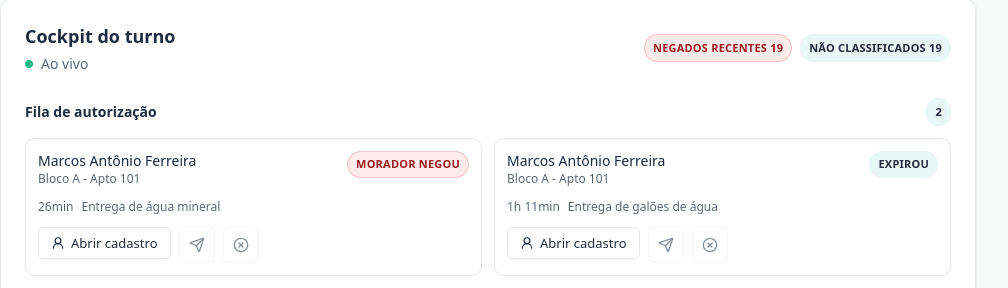 Cadastro na portaria com unidade destino, motivo e observação ao morador antes de enviar a autorização.